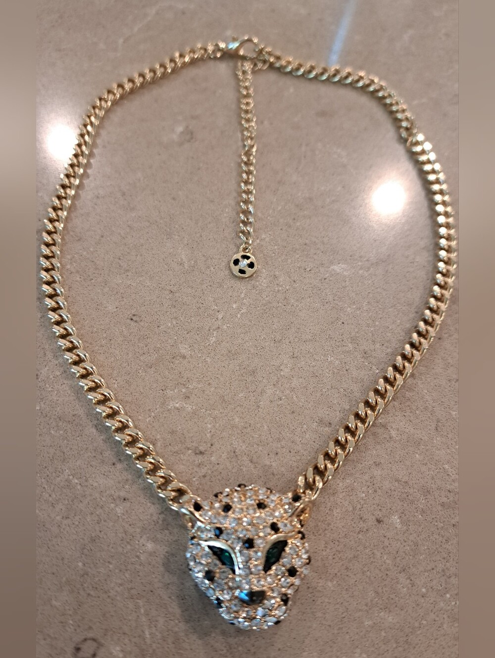 Gold Tone Leopard Head Crystal Necklace With Green Eyes